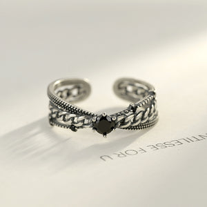 925 Sterling Silver Fashion Elegant Pattern Black Cubic Zirconia Adjustable Open Ring