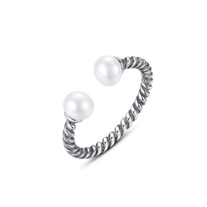 925 Sterling Silver Fashion Elegant Twist Freshwater Pearl Adjustable Open Ring