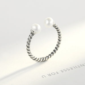 925 Sterling Silver Fashion Elegant Twist Freshwater Pearl Adjustable Open Ring