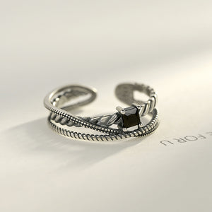 925 Sterling Silver Elegant Vintage Geometric Black Cubic Zirconia Adjustable Open Ring