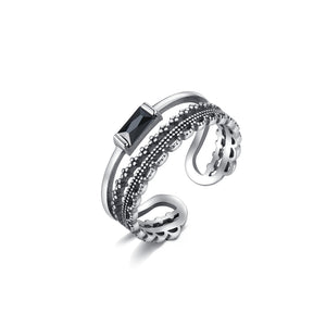 925 Sterling Silver Fashion Elegant Geometric Black Cubic Zirconia Adjustable Open Ring