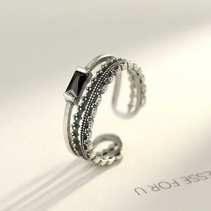 925 Sterling Silver Fashion Elegant Geometric Black Cubic Zirconia Adjustable Open Ring