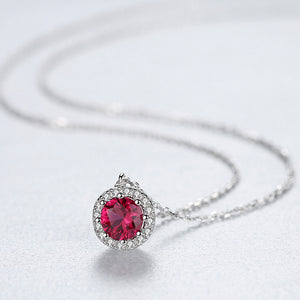 925 Sterling Silver Simple Fashion Geometric Round Red Cubic Zirconia Pendant with Necklace