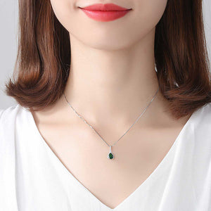 925 Sterling Silver Fashion Brilliant Water Drop-shaped Pendant with Green Cubic Zirconia and Necklace