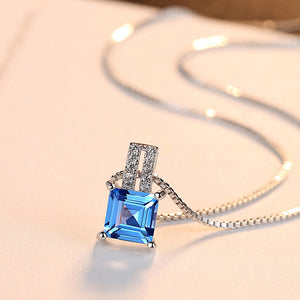 925 Sterling Silver Elegant Shining Geometric Rectangular Pendant with Blue Cubic Zirconia and Necklace