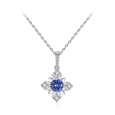 925 Sterling Silver Fashion and Elegant Snowflake Pendant with Blue Cubic Zirconia and Necklace