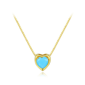 925 Sterling Silver Plated Gold Simple Romantic Blue Cubic Zirconia Heart Pendant with Necklace
