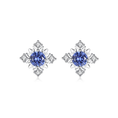 925 Sterling Silver Fashion and Elegant Snowflake Stud Earrings with Blue Cubic Zirconia