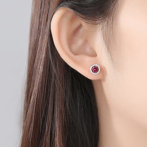 925 Sterling Silver Fashion Simple Geometric Round Red Cubic Zirconia Stud Earrings