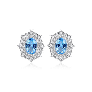 925 Sterling Silver Elegant Shining Geometric Stud Earrings with Blue Cubic Zirconia