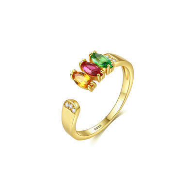 925 Sterling Silver Plated Gold Simple and Elegant Geometric Adjustable Open Ring with Colorful Cubic Zirconia