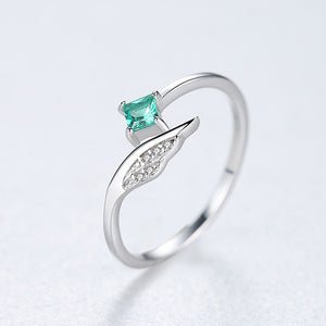 925 Sterling Silver Simple and Elegant Angel Wings Adjustable Open Ring with Green Cubic Zirconia