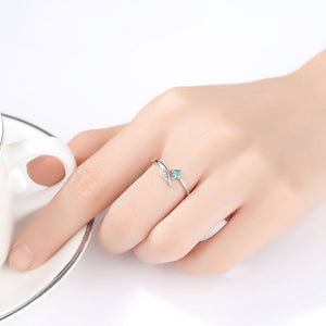 925 Sterling Silver Simple and Elegant Angel Wings Adjustable Open Ring with Green Cubic Zirconia