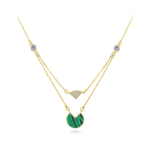 925 Sterling Silver Plated Gold Simple Fashion Geometry Imitation Malachite Pendant with Cubic Zirconia and Double Necklace