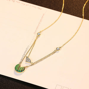925 Sterling Silver Plated Gold Simple Fashion Geometry Imitation Malachite Pendant with Cubic Zirconia and Double Necklace