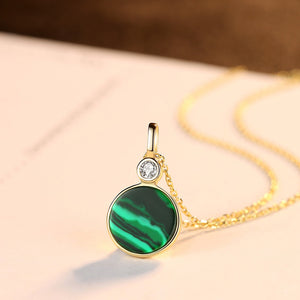 925 Sterling Silver Plated Gold Fashion Simple Geometric Round Imitation Malachite Pendant with Cubic Zirconia and Necklace