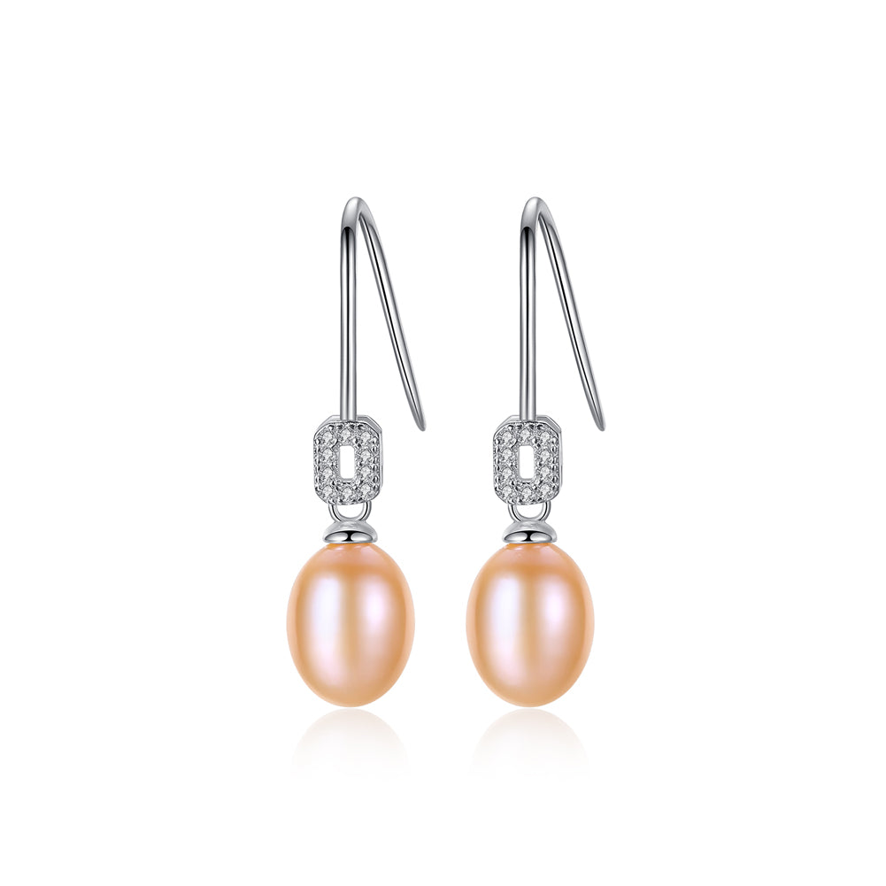 925 Sterling Silver Fashion Simple Pink Freshwater Pearl Earrings with Cubic Zirconia