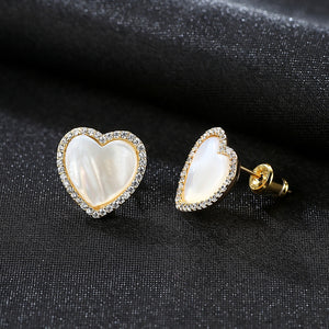 925 Sterling Silver Plated Gold Simple Sweet Heart-shaped Fritillary Earrings with Cubic Zirconia