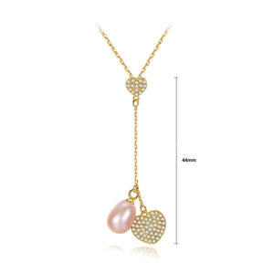 925 Sterling Silver Fashion and Elegant Heart-shaped Tassel Pink Freshwater Pearl Pendant with Cubic Zirconia and Necklace