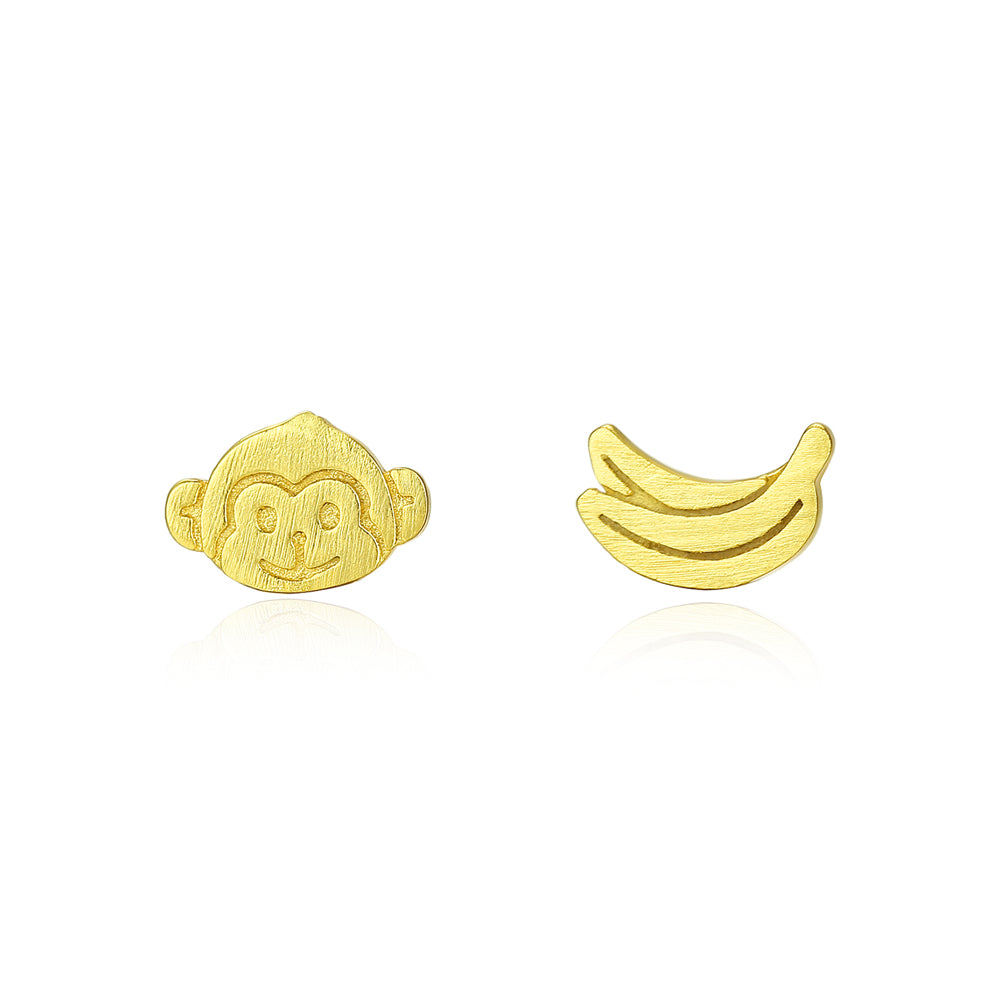 925 Sterling Silver Plated Gold Simple Cute Monkey Banana Asymmetric Stud Earrings