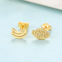 Load image into Gallery viewer, 925 Sterling Silver Plated Gold Simple Cute Monkey Banana Asymmetric Stud Earrings