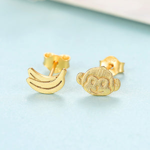 925 Sterling Silver Plated Gold Simple Cute Monkey Banana Asymmetric Stud Earrings