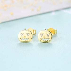 925 Sterling Silver Plated Gold Fashion Creative Halloween Pumpkin Cubic Zirconia Stud Earrings