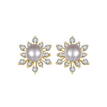 Load image into Gallery viewer, 925 Sterling Silver Plated Gold Fashion Elegant Snowflake Freshwater Pearl Stud Earrings with Cubic Zirconia