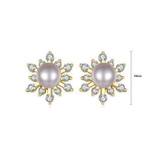 925 Sterling Silver Plated Gold Fashion Elegant Snowflake Freshwater Pearl Stud Earrings with Cubic Zirconia
