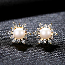 Load image into Gallery viewer, 925 Sterling Silver Plated Gold Fashion Elegant Snowflake Freshwater Pearl Stud Earrings with Cubic Zirconia