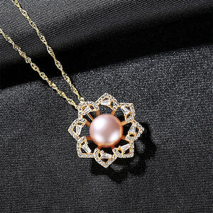 925 Sterling Silver Plated Gold Fashion Elegant Flowers Purple Freshwater Pearl Pendant with Cubic Zirconia and Necklace