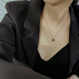 Elegant and Simple Plated Rose Gold Four-leafed Clover Titanium Steel Pendant with Cubic Zirconia and Necklace
