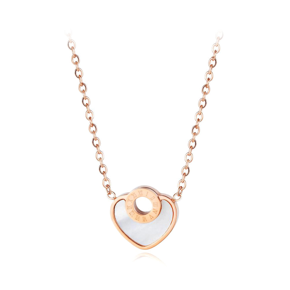 Fashion Romance Plated Rose Gold Roman Numerals Heart-shaped Titanium Steel Pendant with Necklace
