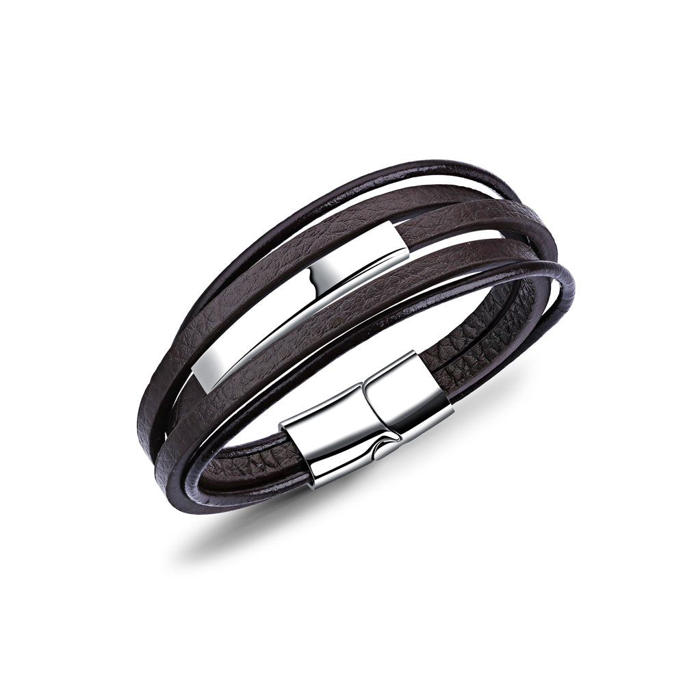Simple Fashion Geometric Titanium Steel Multilayer Brown Leather Bracelet