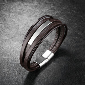 Simple Fashion Geometric Titanium Steel Multilayer Brown Leather Bracelet