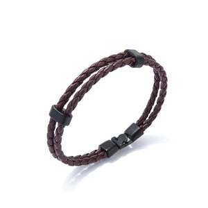 Simple Fashion Black Geometric Double Layer Brown Leather Bracelet