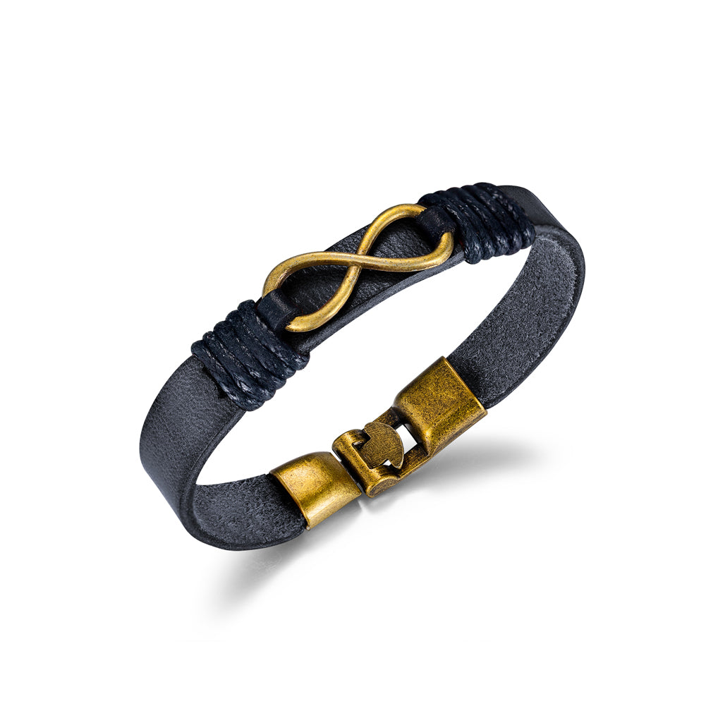 Fashion Vintage Plated Gold Infinity Symbol Black Leather Bracelet