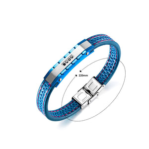 Fashion Simple Geometric Rectangular Cubic Zirconia Titanium Steel Blue Leather Bracelet