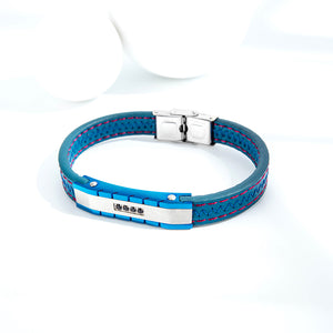 Fashion Simple Geometric Rectangular Cubic Zirconia Titanium Steel Blue Leather Bracelet