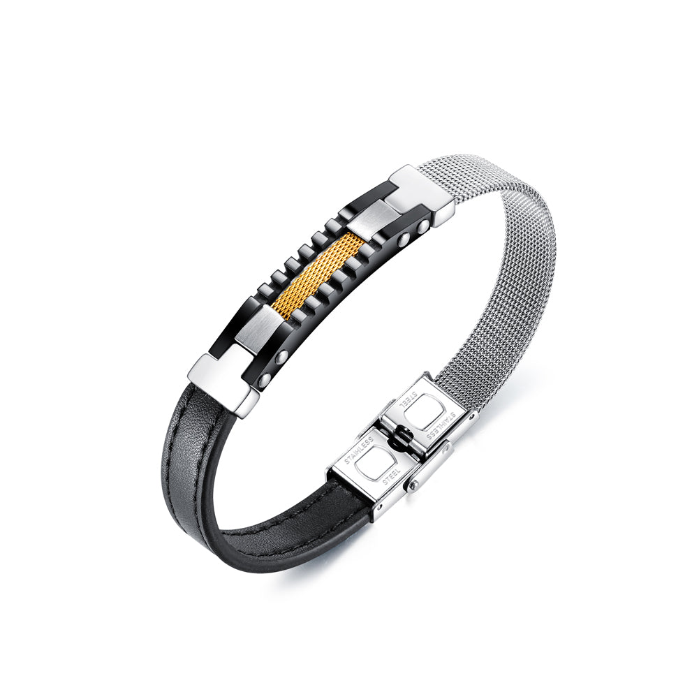 Fashion Simple Plated Gold Geometric Rectangular Titanium Steel Mesh Belt Leather Asymmetric Bracelet