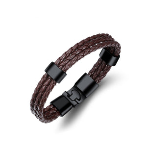 Simple Personality Plated Black Geometric Multi-layer Brown Leather Bracelet
