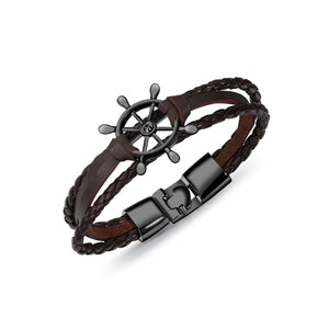 Fashion Personality Plated Black Rudder Multilayer Brown Leather Bracelet