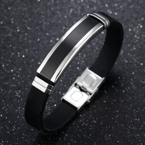 Simple and Fashion Plated Black Geometric Rectangular Titanium Steel Silicone Bracelet