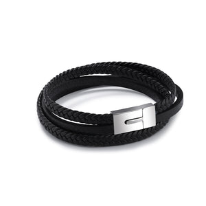 Simple and Fashion Geometric Titanium Steel Multi-layer Black Leather Bracelet