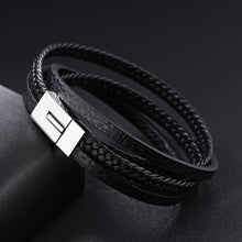 Load image into Gallery viewer, Simple and Fashion Geometric Titanium Steel Multi-layer Black Leather Bracelet