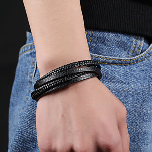 Simple and Fashion Geometric Titanium Steel Multi-layer Black Leather Bracelet