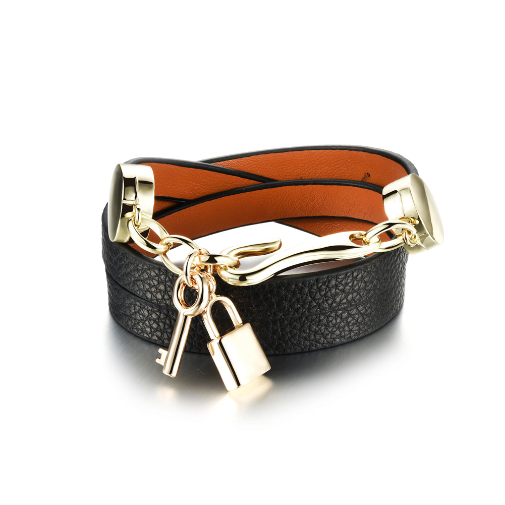 Fashion and Elegant Plated Gold Key Lock Multi-layer Black Leather Bracelet