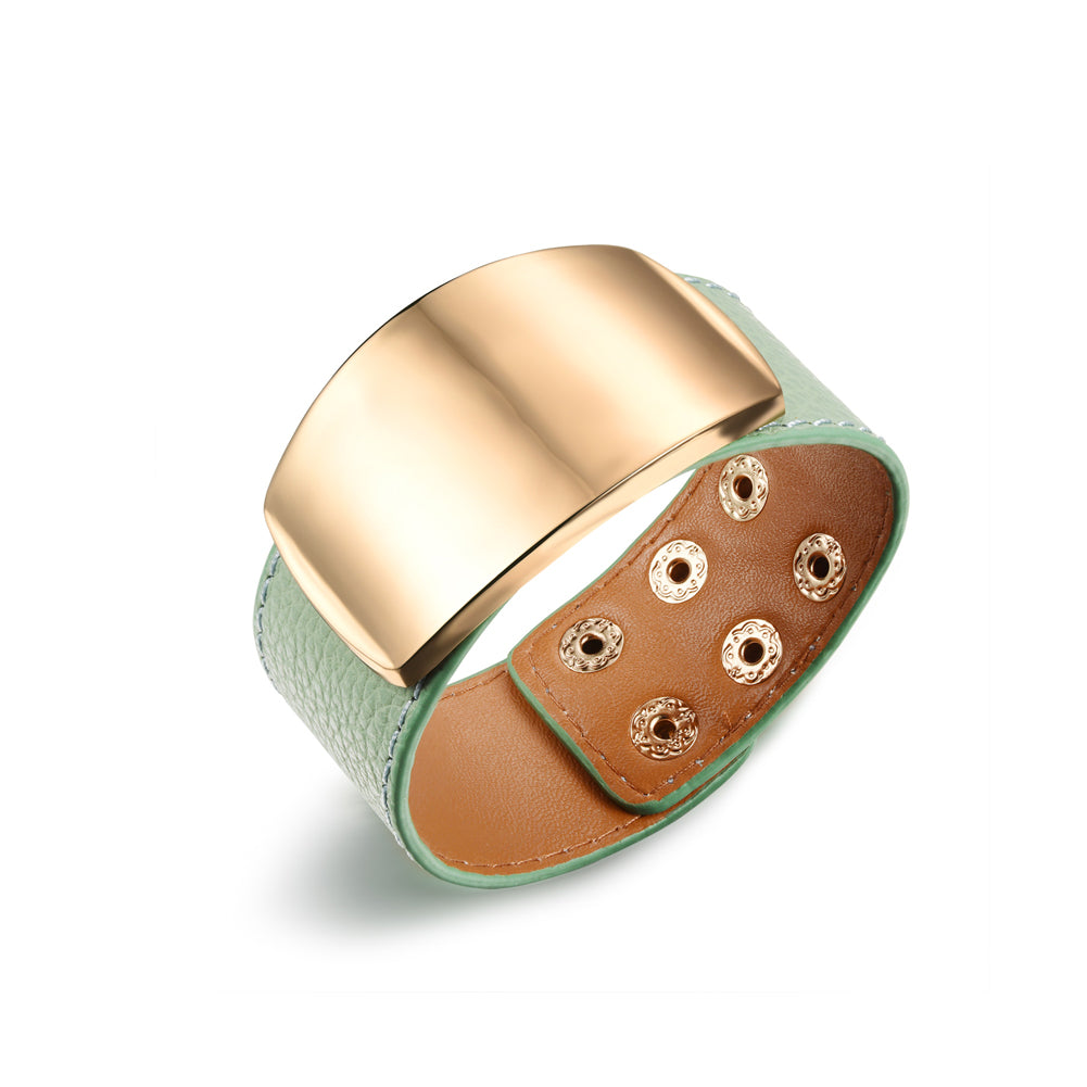Fashion Exaggerated Plated Gold Geometric Wide Version Green Leather Bracelet