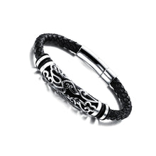 Load image into Gallery viewer, Vintage Fashion Carved Pattern Geometric Titanium Steel Braided Leather Short Bracelet