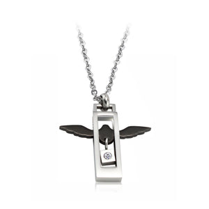Fashion Creative Black Angel Wings Rectangular Titanium Steel Pendant with Cubic Zirconia and Necklace